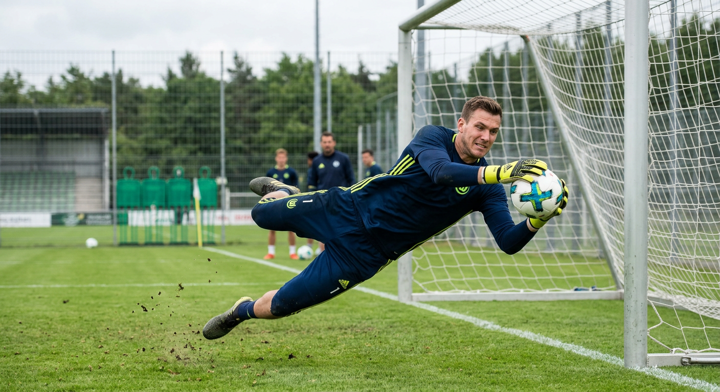 Torwart fängt den Ball bei einer Flugparade im Training